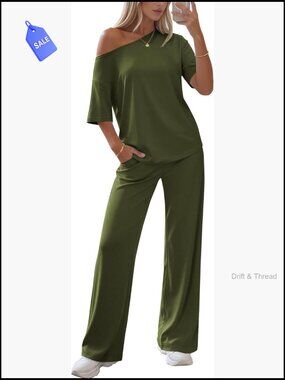 Soft Lounge Set Off Shoulder Top Wide Leg Pants Medium